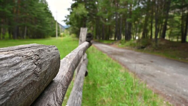Conceptual image with foreground of a wooden fence along the mountain path in the middle of pine forests. Blurred background. Concept of travel, immersion in nature, leisure and relaxation.