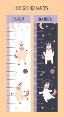 Height chart vector unicorn. Unicorn in space vector illustration. Kids growth chart with baby unicorn.
