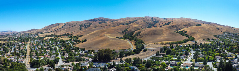 Panorama of the Mission Hills neighborhood in Fremont, California.  Mission Peak is in the...