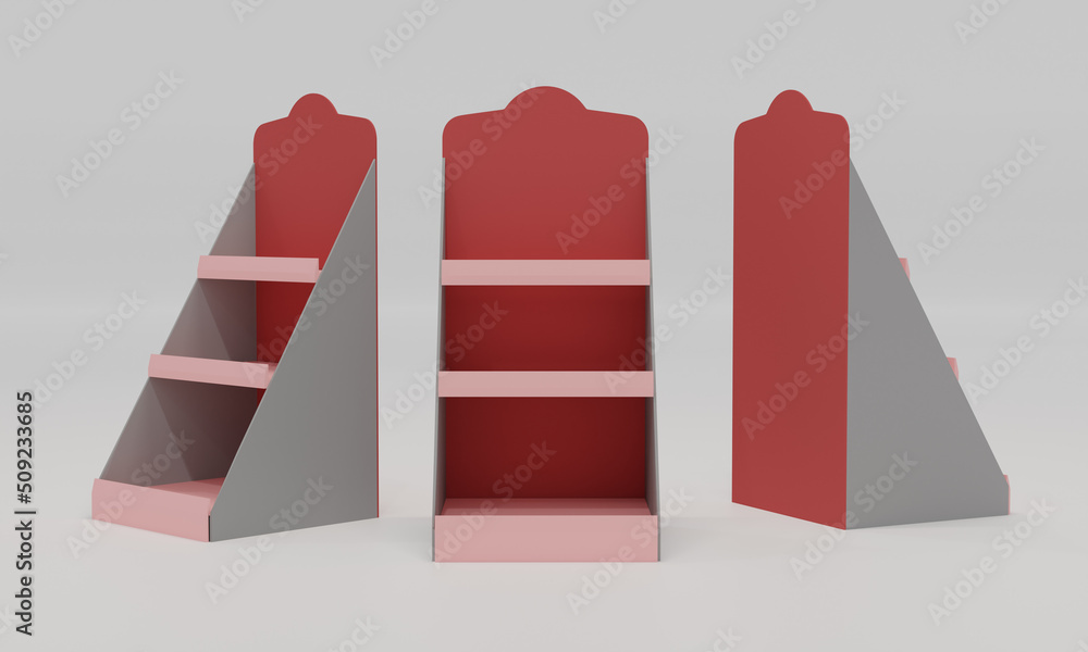 Poster red color pos floor stand display, blank empty advertisement stand mock up, 3d rendering