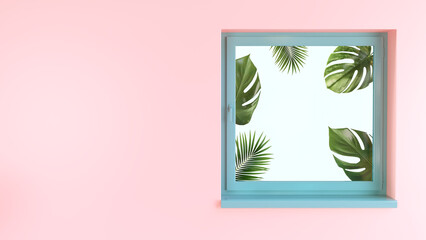 Creative Summer pink background 3D Illustration with copy space. A window on the wall through which the holiday comes.