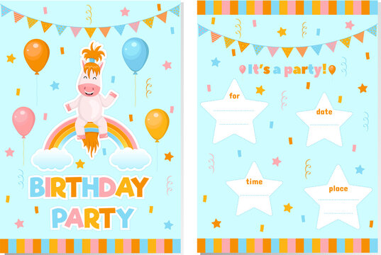 Birthday invitation card with ponies, rainbows and balloons. Vector children's illustration