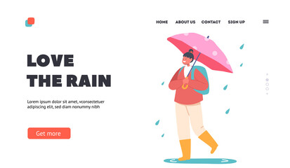 Love the Rain Landing Page Template. Cheerful Smiling Child with Umbrella and Rucksack Walk by Puddles at Autumn Weather