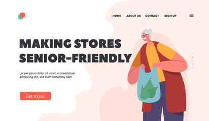 Senior Friendly Stores Landing Page Template. Happy Old Woman with Shopping Bag, Cheerful Female Character Purchase