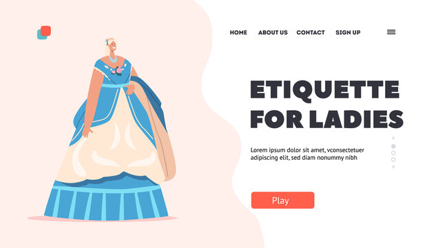 Etiquette for Ladies Landing Page Template. Beautiful Victorian Female Character in Historical Vintage Dress of 19th Century