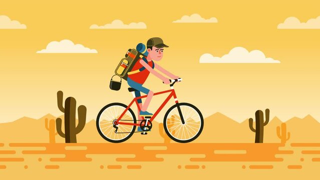 Tourist on bicycle rides through the desert with cactus. Cyclist hiker with backpack traveling in Mexico. Looped animation.