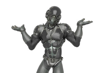 futuristic astronaut do not know what to do in white background