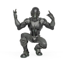 futuristic astronaut is crouched and doing a heavy metal pose in white background
