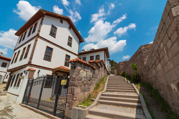 Fototapeta na wymiar Ankara Castle and traditional Turkish houses with partly cloudy sky.