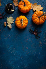 Dark blue Halloween background with oranges pumpkins