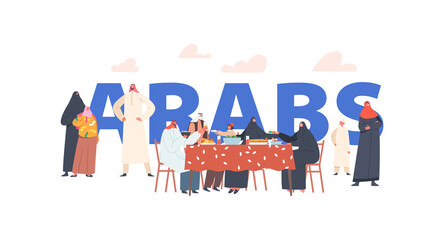 Arabs Concept. Traditional Arab Family Characters Sit at Table with Various Meals During Ramadan Month, Muslim People