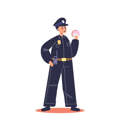 Kid policeman. Small boy child in uniform holding donut work as police officer