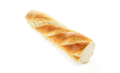 Half of the sliced french long bread. Baguette piece isolated on white background