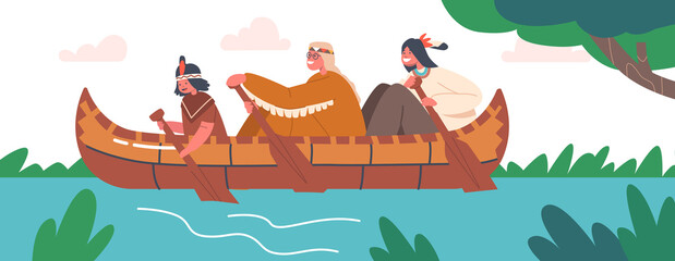 Native Indian American Kids Canoeing, Children Sit in Wooden Canoe Rowing with Paddles, Indigenous Characters on Kayak