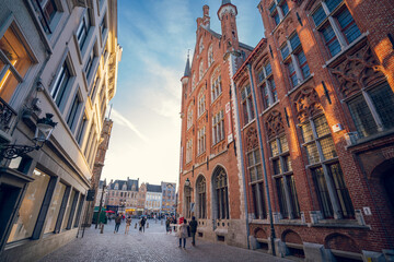 Streets of Bruges Belgium - the City centre - Wallpaper - stores and shops - obrazy, fototapety, plakaty