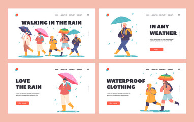 Obraz na płótnie Canvas Happy Kids Walk under Umbrella Landing Page Template Set. Little Boys and Girls Characters Walking in Waterproof Clothes