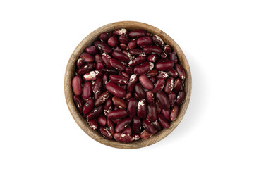 red beans in wooden bowl on white background, top view