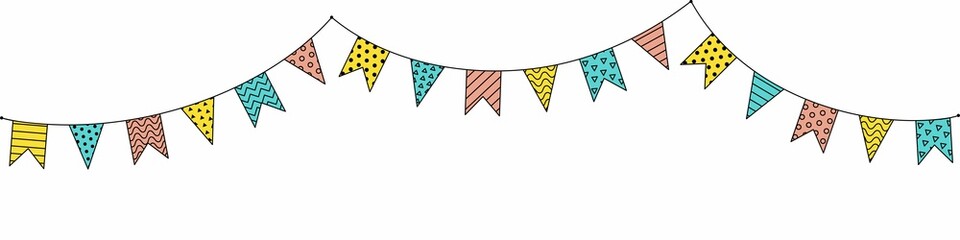 Obraz premium Carnival garland with flags. For banner or greeting card. Decorative bright colorful party pennants for birthday celebration, festival and fair decoration. Vector outline, line art isolated on white 