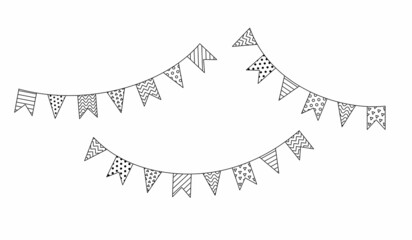 Set of carnival garland with flags. Decorative black and white party pennants for birthday celebration, festival and fair decoration. Vector outline, line art isolated on white background.