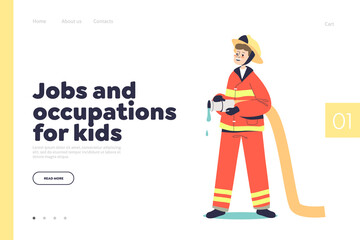 Job and occupation for kid concept of landing page with boy fireman. Small child work as firefighter