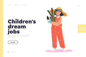 Children dream job concept of landing page with girl gardener, florist. Small kid work as designer
