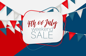 4th of July Independence Day weekend sale banner background. USA national holiday design concept with red, blue, and white bunting. Vector illustration.