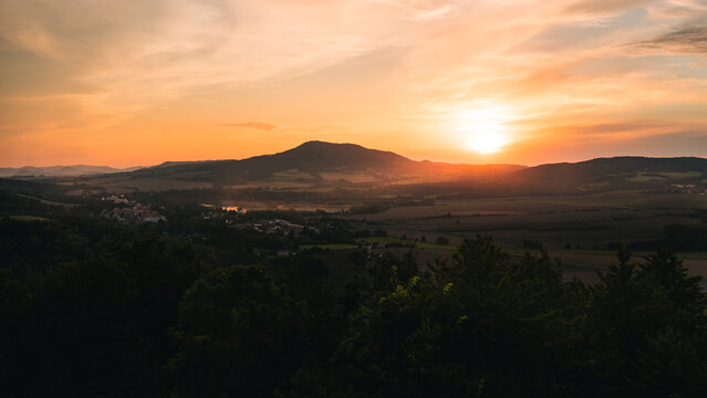 Sunset landscape over the mountain Czech Republic, Europe, Ustek