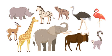 Set of african animals and birds. Fauna of africa savanna. Rhino, elephant, giraffe, flamingo, zebra © Iryna Petrenko