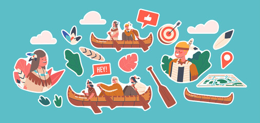 Set of Stickers Native Indian American Children Swim on Canoe, Indigenous Kids Characters Wear Costumes Rowing on Boat