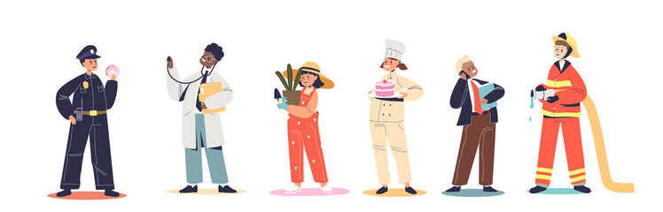 Kid profession set. Children work as policeman, doctor, gardener, confectioner, businessman, fireman