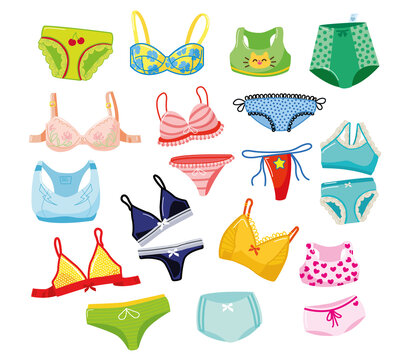Set of female underwear, cartoon bra and panties of different types. Collection of lingerie models