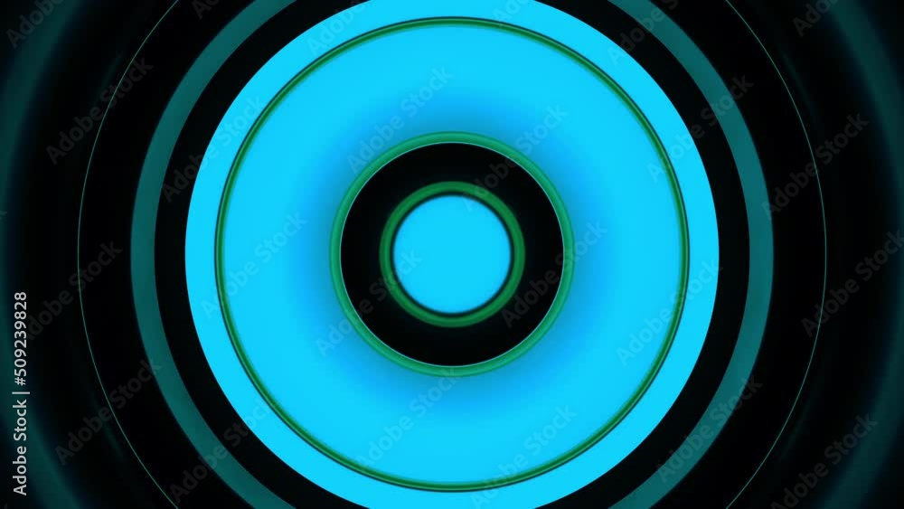 Poster Pulsating rings with musical flashes. Design. Circles of different sizes move and pulsate. Rings move with flashes in style of musical beat