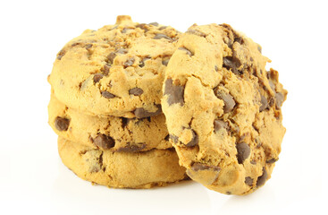 Portion of homemade chocolate chip cookies isolated on white background