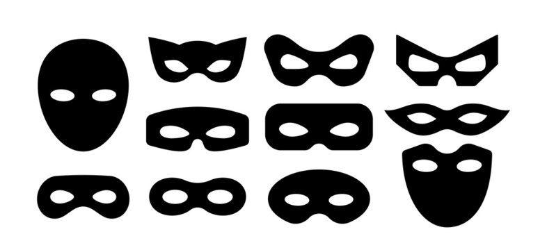 Mask superhero carnival villain or burgar vector icon set. Black masquerade costume eye mask silhouette hidden person face. Simple design incognito party masque shape template illustration.