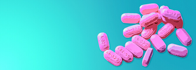 Pink pills, vitamins or pharmaceutical drug cartoon style illustration horizontal banner tamplate blank. Healthcare concept. With copy space, place for text and text area.