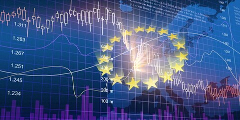 Growth chart against the background of the EU flag. Profit growth, infographics. Concept of trading and financial markets © BillionPhotos.com