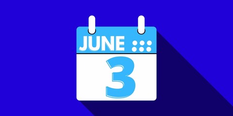 3 june. calendar with the day three of the month of june in blue color and background blue