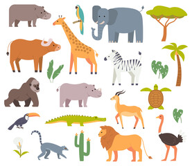 Set of african animal, birds and plants. Africa lion, giraffe, hippo, zebra, palm tree and cactus