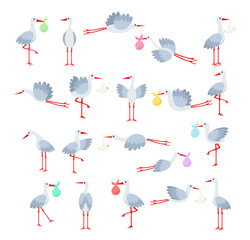 Obraz premium Set of stork birds carrying newborn babies. Cartoon bird hold infant kid wrapped in diaper napkin