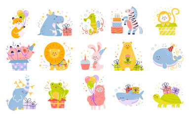 Kid birthday party elements set. Cartoon child animals wearing bday caps, holding cake and gift box