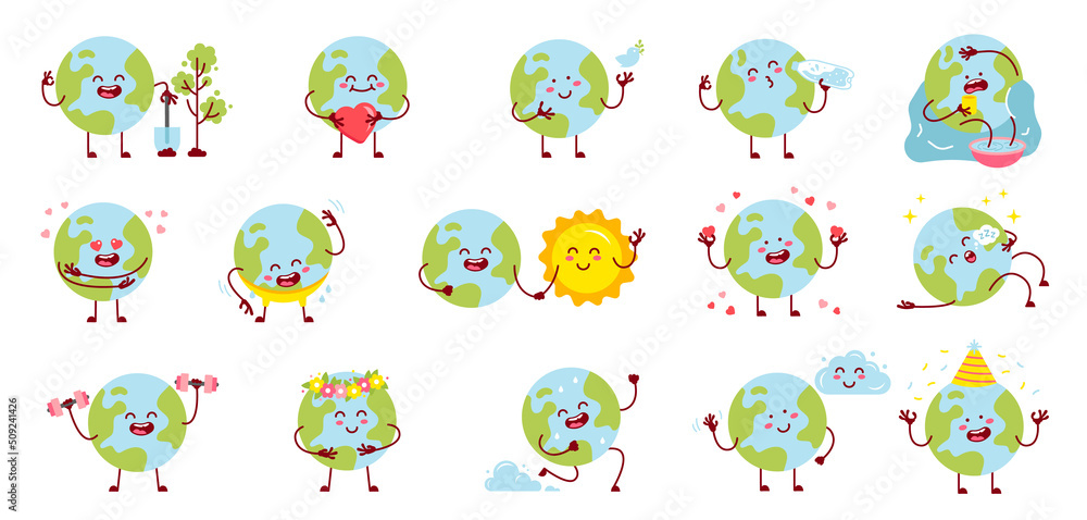 Canvas Prints Set of cartoon earth planet mascot with different emotions, with sun, holding love heart, relaxed