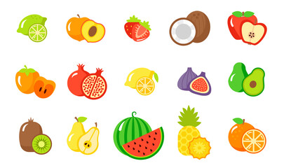 Set of juicy fruits whole and slice apple, orange, lemon, peach, pear, kiwi. Whole and halved fruits