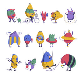 Funny cartoon characters recreating. Cute abstract mascots walking with pet, doing sport training