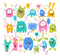 Children monster colorful icon set. Cute cartoon funny monster characters with eyes, tongue, tooth © Mykola Syvak