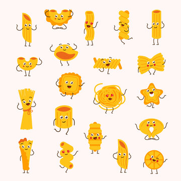 Doodle pasta characters set. Cute food. Cartoon macaroni mascots with hands legs and smiling faces