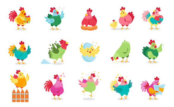 Cute cartoon rooster, hen and chicks isolated on white background. Bundle of chicken with brood