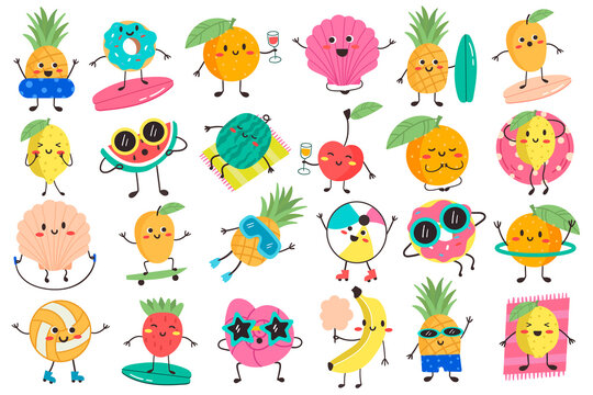 Cute cartoon summer elements with faces. Funny fruit characters on tropical vacation