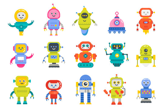 Set of happy funny cartoon childish robots wave hand, say hello. Cute kid cyborgs, futuristic bots