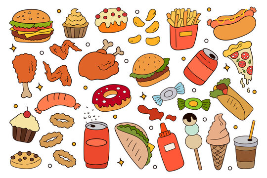 Fast food doodle set. Hand drawn cartoon fastfood set. Burger, french fries, sweet food and drinks