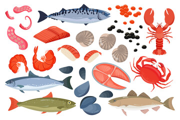 Seafood cartoon icons set. Mussel, fish salmon, shrimp, octopus, lobster, craps, mollusk, oyster